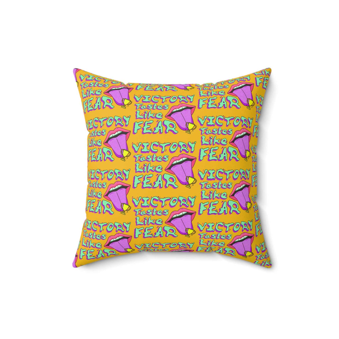 Printify Home Decor 16" × 16" Venom Haus | VICTORY TASTES LIKE FEAR | Yellow Suede Pillow