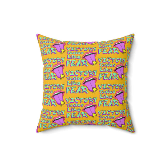 Printify Home Decor 16" × 16" Venom Haus | VICTORY TASTES LIKE FEAR | Yellow Suede Pillow