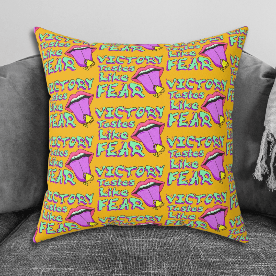 Printify Home Decor 16" × 16" Venom Haus | VICTORY TASTES LIKE FEAR | Yellow Suede Pillow
