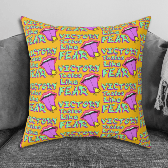Printify Home Decor 16" × 16" Venom Haus | VICTORY TASTES LIKE FEAR | Yellow Suede Pillow